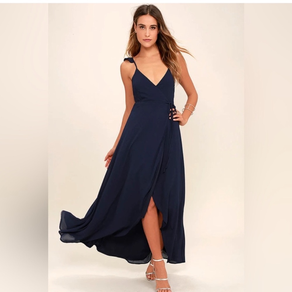 Lulus Wrap Dress Here's To Us High Low Maxi Formal Blue Small NWT